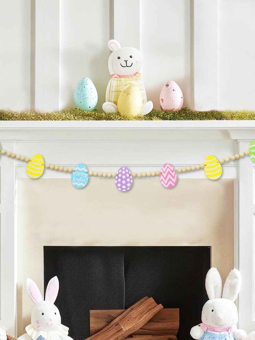 4.2 FT Easter Day Wooden Beads Garland with Colorful Egg-Shaped Charms, Spring-T